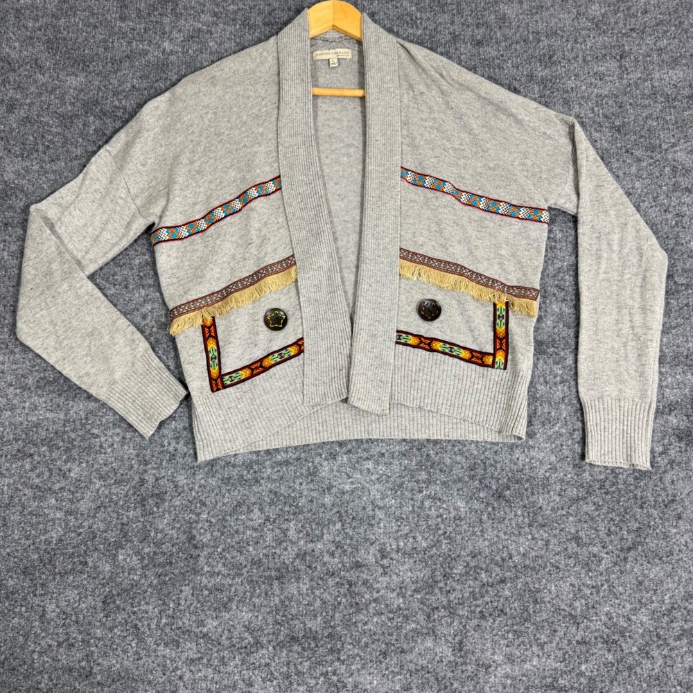 Young Threads Cardigan Southwestern Fringe Open Front Womens Large Gray EUC